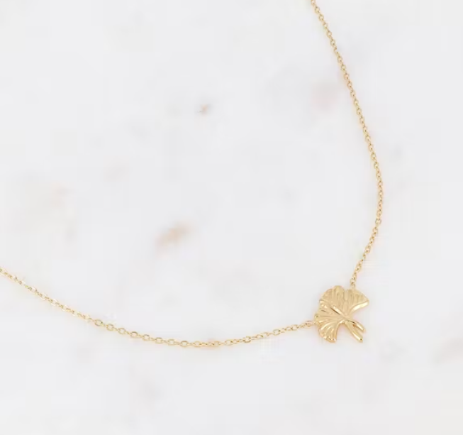 Collier Cassiopeia en acier inoxydable orné d'un petit pendentif ginko.